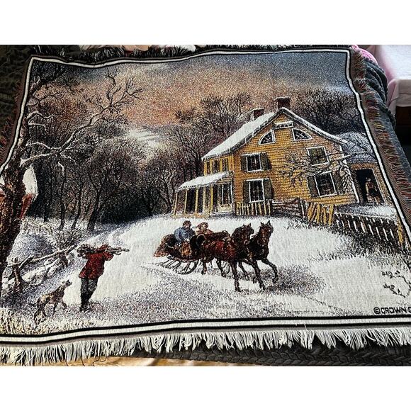 Crown Crafts Christmas‎ Blanket Throw Cotton Sleigh Country Made in USA. - Picture 1 of 5